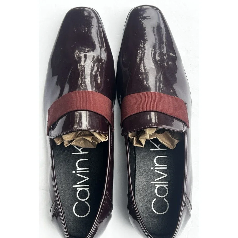 Mens Dress Shoes Calvin Klein Burgundy Patent Loafers Size 13M Oxblood Slip On